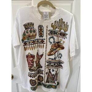 Vintage NWT 90s KWBL LOS ANGELES Adult T-Shirt Art Glitter Southwest Cowboy OS